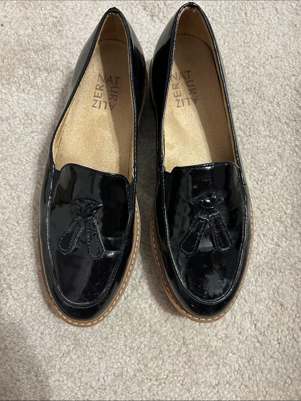 Naturalizer Black Patent Tassel Slip-On Loafers with Tan Trim